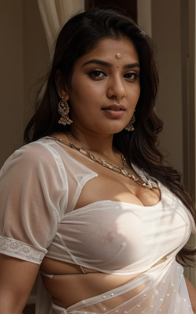 An indian plus size sexy aunty wearing transparent white blouse ( inside white bra visible )