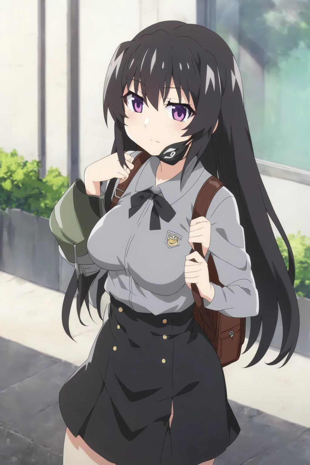 anime girl with a backpack and a mask on her face, purple eyes, anime moe artstyle, cute anime waifu in a nice dress, anime visual of a cute girl, beautiful anime high school girl, gray shirt, short skirt, anime girl with long hair, long straight hair, high quality anime artstyle, from girls frontline, anime style 4k, mature anime girl, anime girl wearing a black dress, kantai collection style,black shiny hair, normal breast