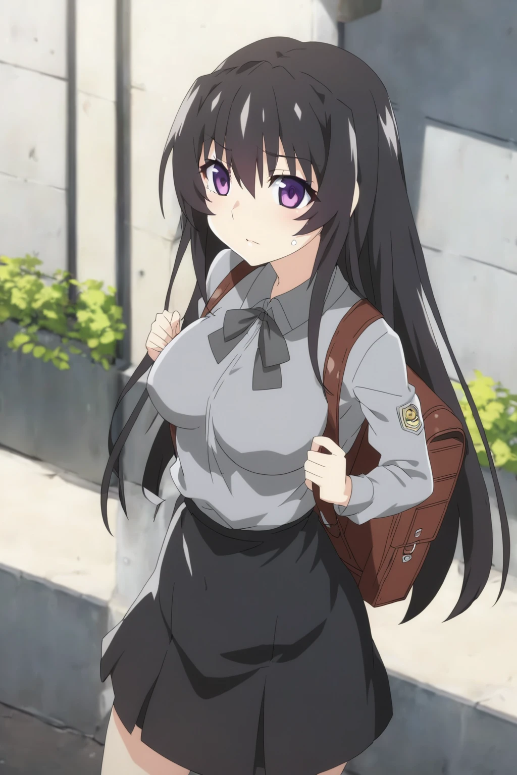 anime girl with a backpack and a mask on her face, purple eyes, anime moe artstyle, cute anime waifu in a nice dress, anime visual of a cute girl, beautiful anime high school girl, gray shirt, short skirt, anime girl with long hair, long straight hair, high quality anime artstyle, from girls frontline, anime style 4k, mature anime girl, anime girl wearing a black dress, kantai collection style,black shiny hair, normal breast