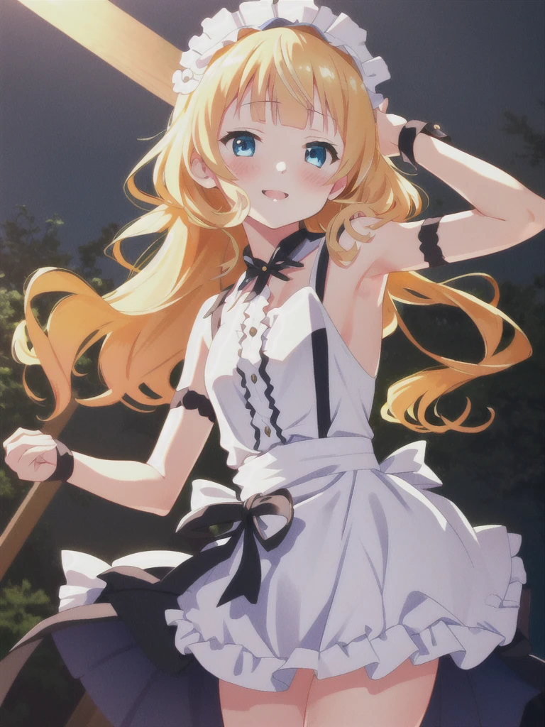 KirimaSharo, KirimaSharo, Gothic Maid:1.5, (Highest quality:1.2), Ultra-high resolution, (Hard Light:0.5), Sharo Gochiusa, 8k, Absurd, anime, ShaggyHair, bangs, blunt bangs, (Blue eyes:1.1), Blonde, smile, break looking at viewer, (Cowboy Shot:1.5), break (masterpiece:1.2), unity 8k wallpaper, (figure:0.8), (Beautiful attention to detail:1.6), Highly detailed face, Perfect lighting, Highly detailed CG, (Perfect hands, Perfect Anatomy), (3D Face:1.1), (Shiny skin:1.5), (Ultra-high resolution intricate face details), (Facial skin pores:1.3), Ultra-high resolution cloth texture, 大きなsmile, Blushing, Open your mouth, Showing off her perfect legs, armpit:1.6, arms behind back, One girl, alone, Gothic Maid:1.5, Akiba maid caffe, (8k, RAW photo, best quality, masterpiece:1.2), (realistic, photo-realistic:1.4), (extremely detailed 8k wallpaper)