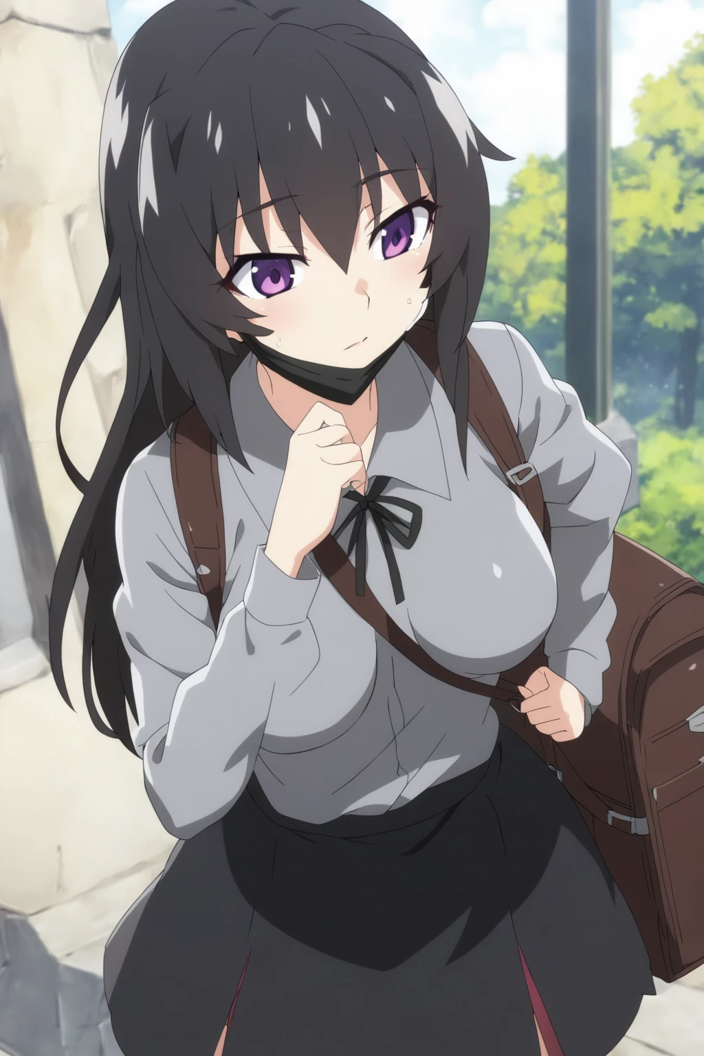 anime girl with a backpack and a mask on her face, purple eyes, anime moe artstyle, cute anime waifu in a nice dress, anime visual of a cute girl, beautiful anime high school girl, gray shirt, short skirt, anime girl with long hair, long straight hair, high quality anime artstyle, from girls frontline, anime style 4k, mature anime girl, anime girl wearing a black dress, kantai collection style,black shiny hair, normal breast