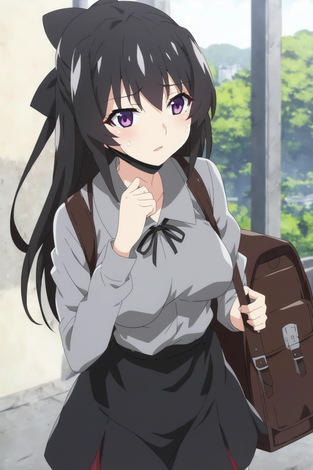 anime girl with a backpack and a mask on her face, purple eyes, anime moe artstyle, cute anime waifu in a nice dress, anime visual of a cute girl, beautiful anime high school girl, gray shirt, short skirt, anime girl with long hair, long straight hair, high quality anime artstyle, from girls frontline, anime style 4k, mature anime girl, anime girl wearing a black dress, kantai collection style,black shiny hair, normal breast