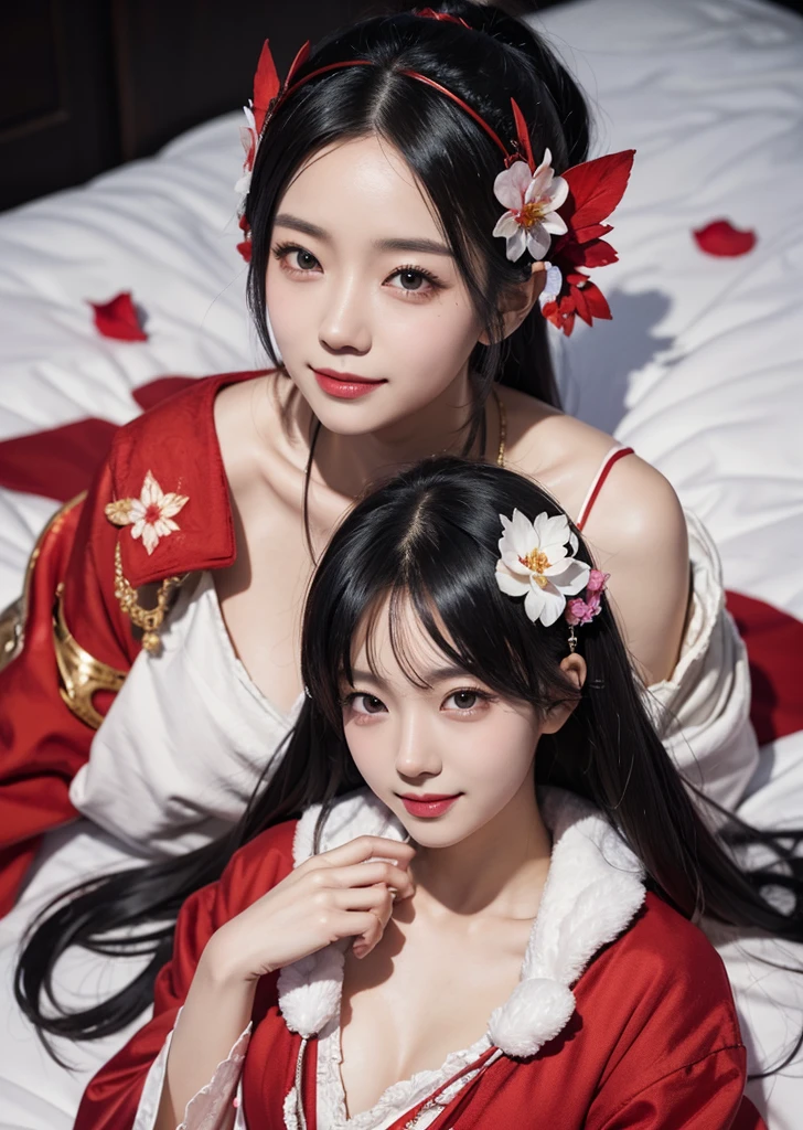 Diffuse lighting、 Highest quality, High resolution, unity 8k wallpaper、Supersaturation, Colorful, 8k解像度, 1 female、Japanese、23 years old、Close-up portrait、Wearing a red nightgown,smile、whole body、midnight、Lying on a bed covered with flower petals、Fantasy、mysterious、Woman with a Fan, onmyoji, onmyoji detailed art, onmyoji portrait, 4K, 8k, Vibrant, Splash Art , Onmyoji、Spirit medium、