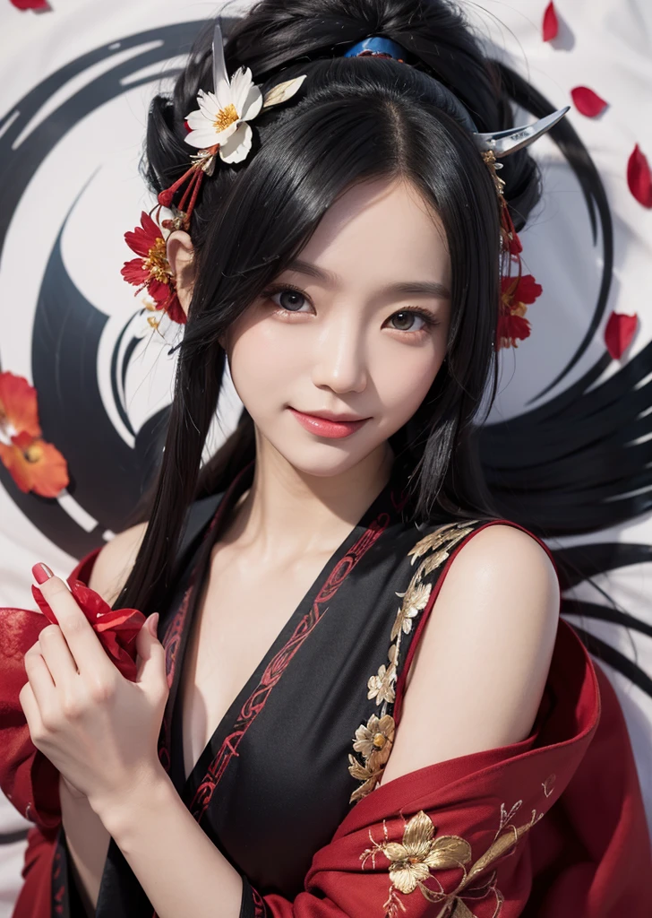 Diffuse lighting、 Highest quality, High resolution, unity 8k wallpaper、Supersaturation, Colorful, 8k解像度, 1 female、Japanese、23 years old、Close-up portrait、Wearing a red nightgown，smile、whole body、midnight、Lying on a bed covered with flower petals、Fantasy、mysterious、Woman with a Fan, onmyoji, onmyoji detailed art, onmyoji portrait,  4K, 8k,  Vibrant, Splash Art , Onmyoji、Spirit medium、
