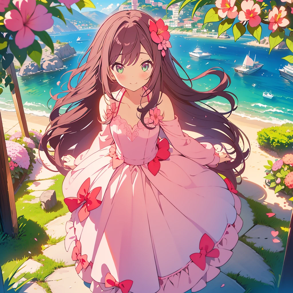 kawaii, anime, Cute, hyper quality, highly detailed, 8k, Clarity, dark brown long hair, pink bougainvillea, green eyes, droopy pink bougainvillea flower garden, bougainvillea, Ocean View, beach, pink wedding dress, light shines in, pink bougainvillea flowers, pink bougainvillea bouquet, dignity, platinum tiara, pink wedding dress, highlight on eyes, Looking back, Pose with movement, whole body, Uplifting, Inciting point of view, special perspective, dignified expression, smile dignifiedly, close up of face, Draw facial expressions in detail, the dress is fluttering, dignified stance, petals dance,