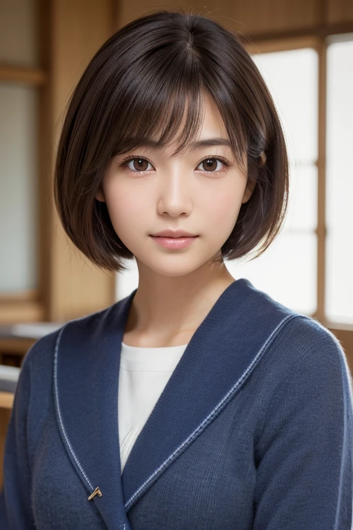 Highest quality, Face Focus, Soft Light, Ultra-high resolution, (Realistic:1.4), RAW Photos, 1 Japanese girl, alone, cute, (A shy smile:0.5), (Brown eyes, Light in your eyes), Beautiful face in every detail, (Small box),(High resolution detail of human skin texture), (Short Bob Hair), break, In the classroom,Navy uniform, Best, skirt