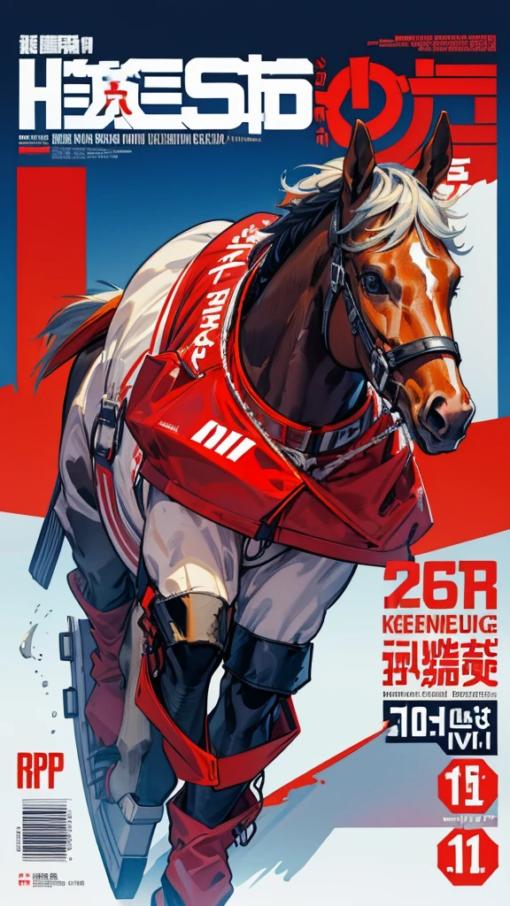 Horse-themed characters, Run, Wearing big sneakers, サイバーパンク, Scarlet image color, Keep the background simple, Magazine cover design, Horse tail, Like a horse girl, horse ears, projected inset, UHD, highres, best quality, 8k