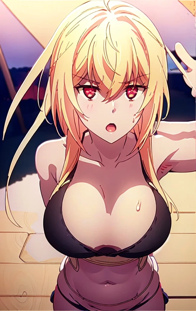 Masterpiece, best quality, highly detailed, highres, 8K, natural lighting, 1 girl, blonde hair, ahoge, ruby eyes, huge breast, black tank top, mini short pants, she wet, sexy pose, outdoor , detailed eyes, perfect eyes colors, full body shoot, detailed eyes, detailed finger shape, the number of fingers is not excessive