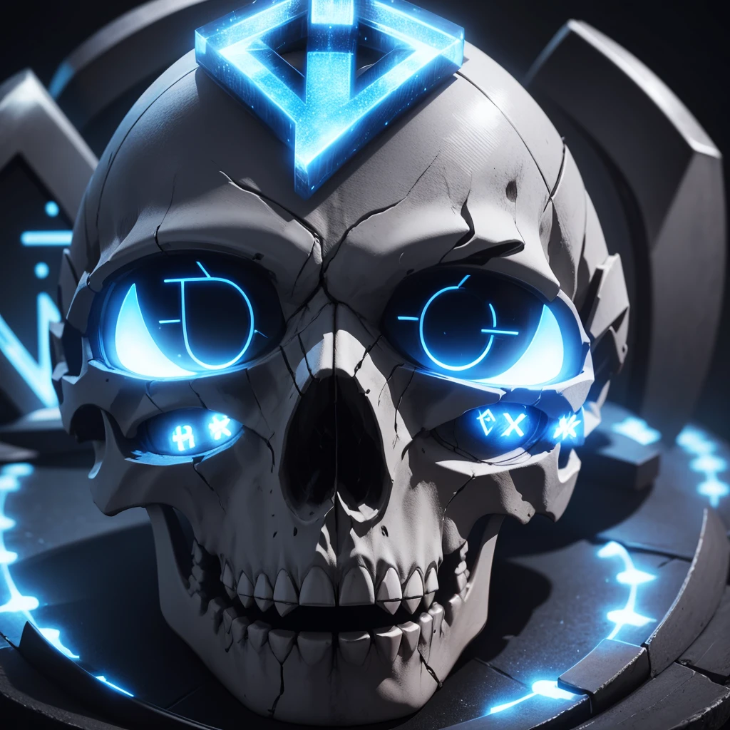 a skulls,with blue LED,with the letter X passing between it a large letter