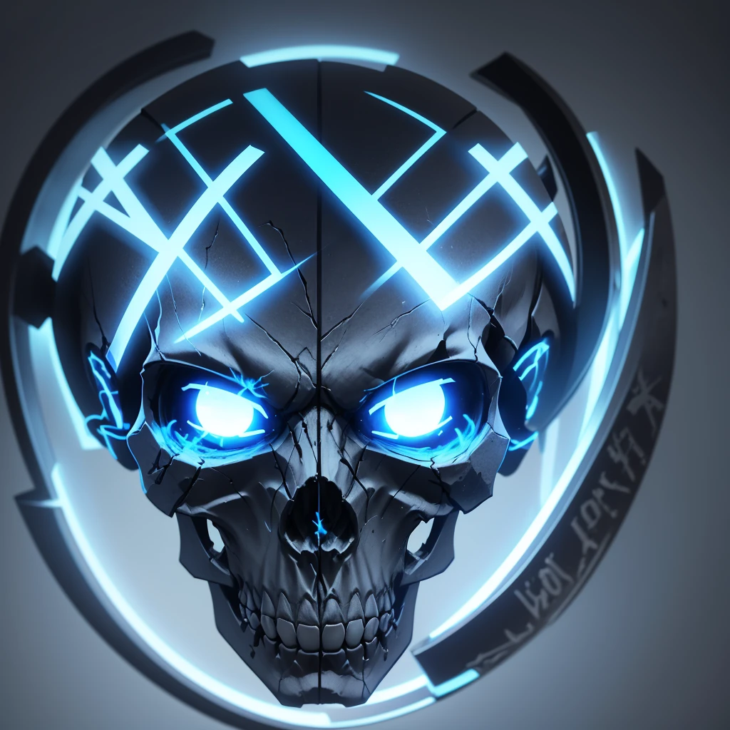 a skulls,with blue LED,with the letter X passing between it a large letter