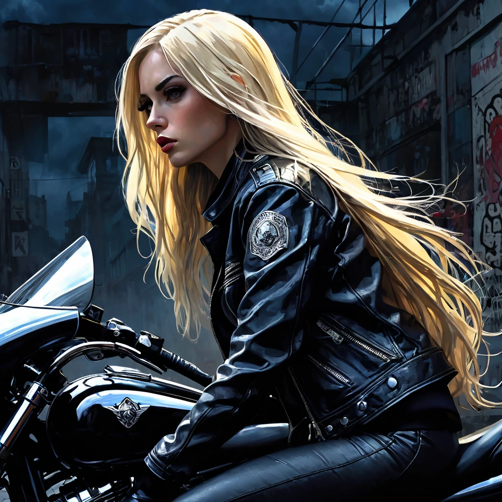 Highest quality,Blonde girl with long hair, Biker, Extreme Girls, Chiaroscuro, Sensual, Dramatic lighting, Gloomy atmosphere, photoRealistic, Intricate details, masterpiece, Very detailed, high quality, 8k, 最high quality, Realistic, Cinematic, Dark and gloomy, Expressionistic, Powerful composition, Emotional impact, Art inspired by Bill Sienkiewicz