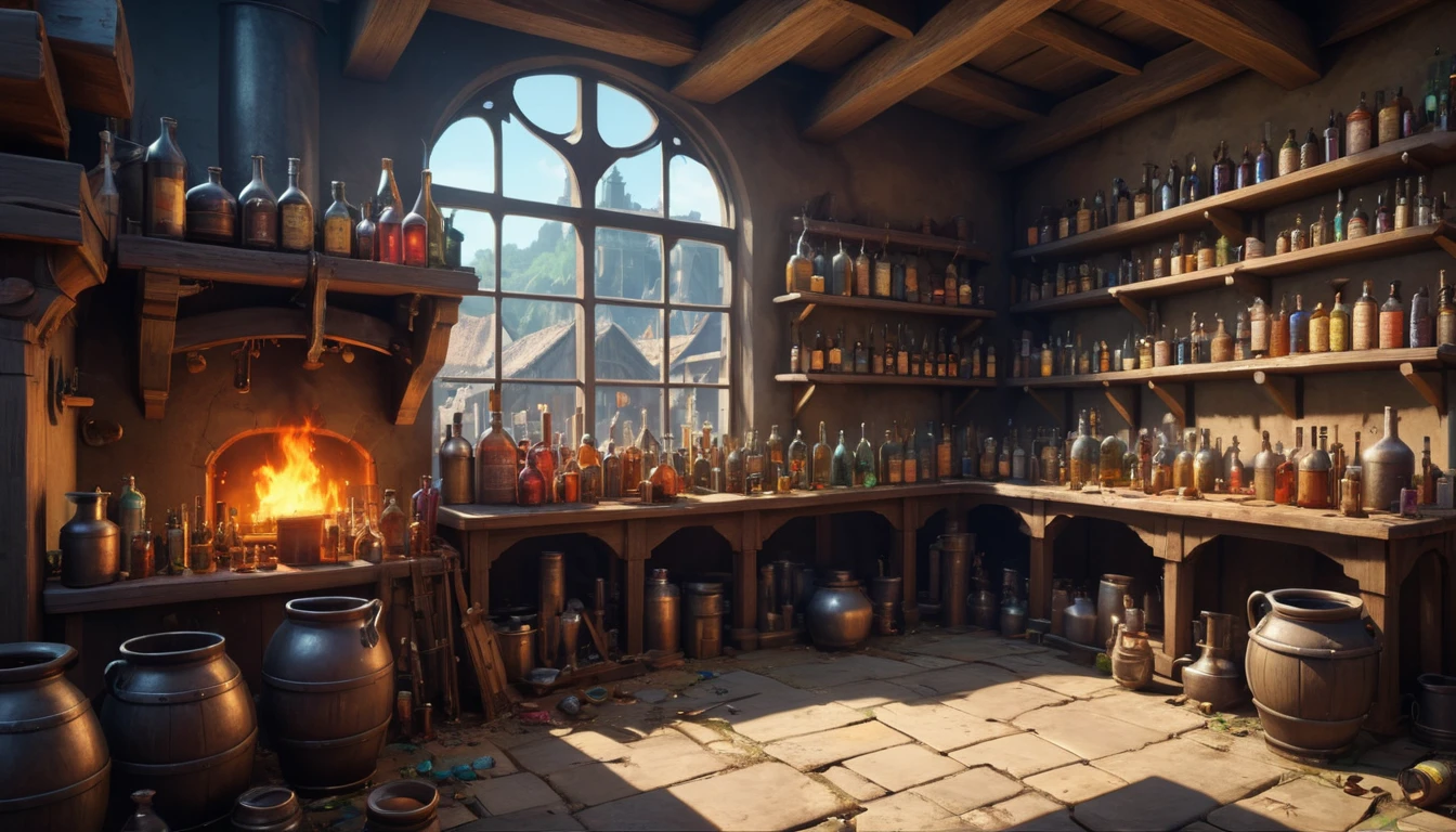 (anime, Fantasy, village), (Detailed CG Unity 8K wallpapers, masterpiece, Highest quality, Very detailed, High resolution:1.2), Vibrant colors, Complex, High FXAA, Medieval laboratory, Alchemy Research Institute, Messy, Thrown in the trash, obstinacy, potion brewing, pipe, bottle, to smoke
