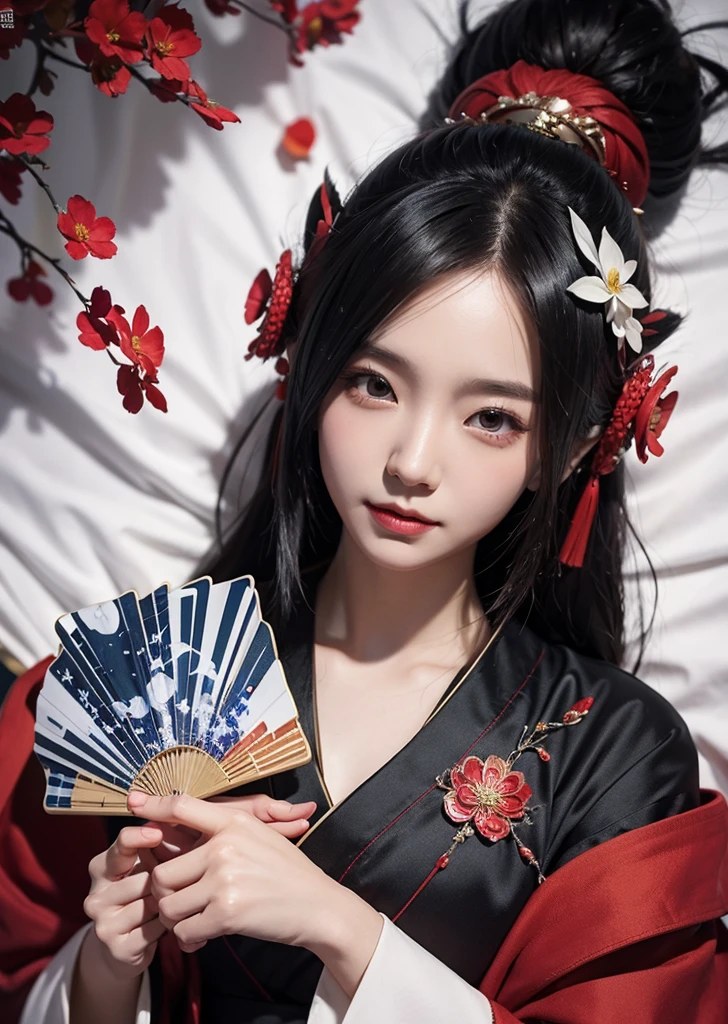 Diffuse lighting、 Highest quality, High resolution, unity 8k wallpaper、Supersaturation, Colorful, 8k解像度, 1 female、Japanese、23 years old、Close-up portrait、Wearing a red nightgown,whole body、midnight、close your eyes、Lying on a bed covered with flower petals、Fantasy、mysterious、Woman with a Fan, onmyoji, onmyoji detailed art, onmyoji portrait, 4K, 8k, Vibrant, Splash Art , Onmyoji、Spirit medium、