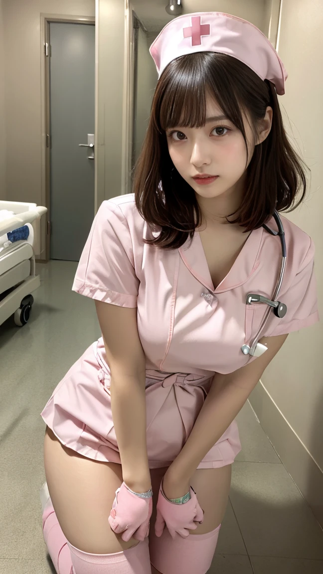 masterpiece, best quality, illustration, Very detailed, Fine details, high resolution, 8k,wallpaper, Perfect dynamic composition,(Detailed information high quality, Realistic eye depiction:1.3), Black hair, Natural color lipstick, Bold and sexy pose, A little crying, Harajuku style、20 year old girl、Cute、Lolita、Beautiful legs, Idol carving, Greasy shiny thighs、(The perfect pink nurse outfit:1.5)、Pink、short hair、Bounce Hair、Beautiful sister、(hospital:1.2)、Night view、Ward、floor、Standing, Beautiful big breasts、Kneeling on the floor