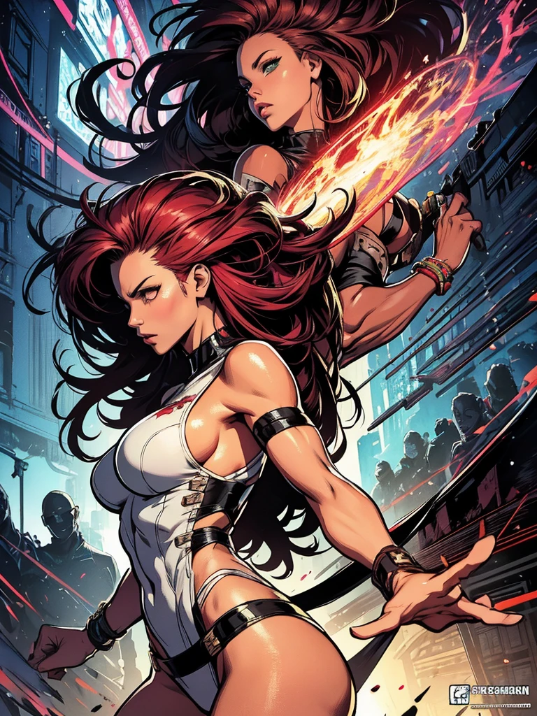 (nighttime scene), full body, two girls, holding a sword, horror, haunted, dead body, skulls, Mulher Maravilha, vestido como um punk, hairstyle with shaved side head, Cabelo longo detalhado, vestindo jaqueta militar curta e aberta, corte superior, decote, sorrindo, Estilo Cyberpunk, estilo profissional de quadrinhos, day sky, Side view, athletic and fit body, Naughty, slutty, perfect hands, detailed hands, Perfect eyes, Detailed olos, provocative, sexy, posing, hands and arms at side, beautiful ass, heart in hand, very muscular, ultra detailed, (beautiful and clear background:1.2),, fantastic paintings ,graffit style, flowers , a t-shirt or dressed in a white blouse underneath, with both fists in a fighting position, and bracelets, fighting against an enemy, with long black hair , stained glass colored, out, vibrant, alphonse mucha style, fantastic paintings by joe madureira ,high quality, art,kelly brook beautiful woman with long hair , freedom, soul, digital illustration, comic style, perfect anatomy, centered, approaching perfection, dynamic, highly detailed, watercolor painting, artstation, concept art, smooth, sharp focus, illustration, art by carne griffiths and wadim kashin,big breast,alone anime girl with a medium lenght pose and cute clothes, short pastel blonde hair , heterochromia, perfect anatomy, centered, approaching perfection, dynamic, highly detailed, character sheet, artstation, concept art, smooth, sharp focus, illustration, art by kim jung gi,, artgerm, carne griffiths and wadim kashin , sasha yakovleva, loish, jeremy mann, full body shot, character sheet, lightningwave, beautiful anime watercolor painting, Realistic, hdr, Ultra HD, Dynamic