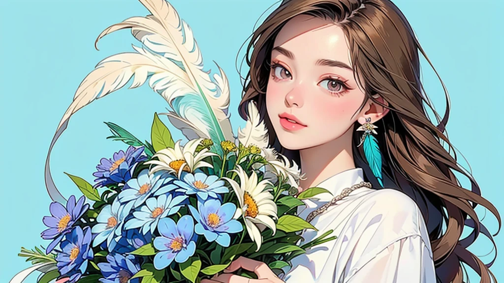 (ultra-Detailed Background, Detailed Background), Absurd, High resolution, Super detailed, Very detailedな, One girl, (bouquet:1.3), (Tangled:1.2), (Geometric:1.2),(colorful),(masterpiece, quality, best quality, Official Art, Beautiful and beautiful:1.2), (1 girl:1.3), Very detailed,(colorful:1.1)(Flowers:1.3),Most detailed,(Tangled:1.2), whole body, (Abstract background:1.3), (Skin glows), (Many colors:1.4), ,(Earrings Feather:1.5), Pale green and pale blue background, Brown short hair,