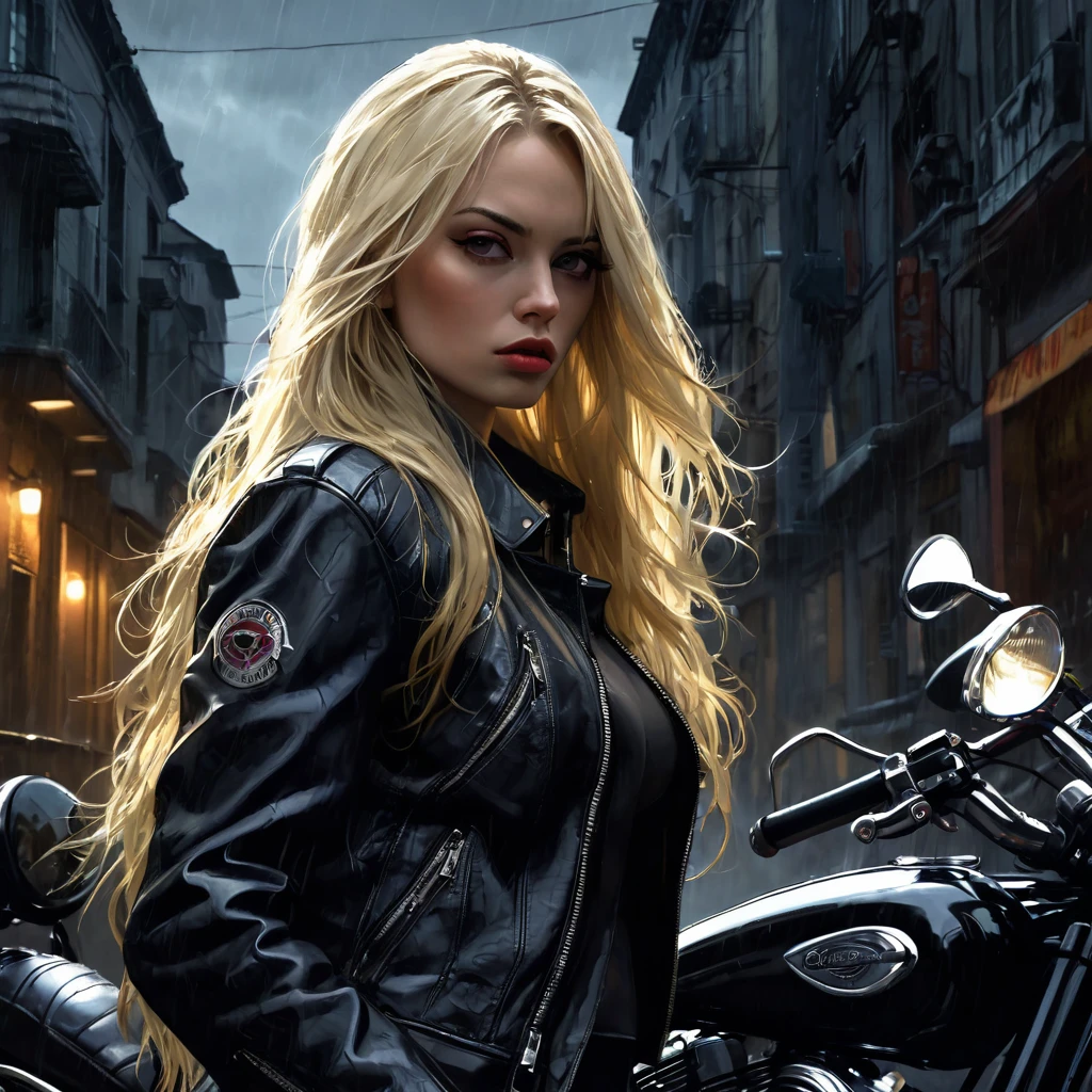 Highest quality,Blonde girl with long hair, Biker, Extreme Girls, Chiaroscuro, Sensual, Dramatic lighting, Gloomy atmosphere, photoRealistic, Intricate details, masterpiece, Very detailed, high quality, 8k, 最high quality, Realistic, Cinematic, Dark and gloomy, Expressionistic, Powerful composition, Emotional impact, Art inspired by Bill Sienkiewicz