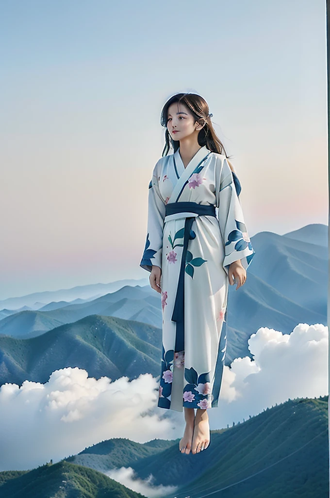 Fantastic sky 100m above,A woman flying in the sky like a bird Kimono Pose The correct way to wear Japanese clothing,Long Hair,fly in the sky