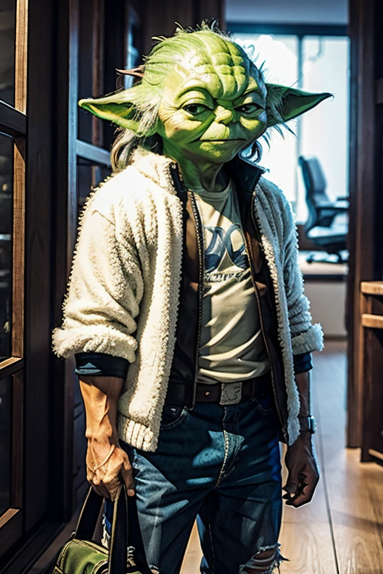 short squatty yoda with a huge banged fluffy mullet