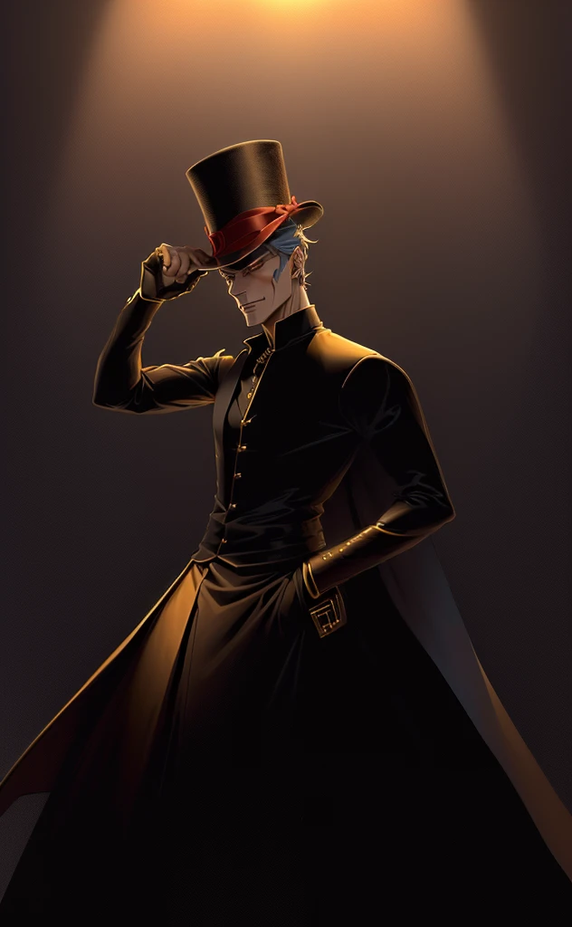 a man with a hat on, 2D art, anime style, flat colors, cel shading ,detailed face, 1 man, handsome man, wearing a stylish hat, serious expression, evil villain, moody, dark shadows, warm color tones, golden hour, best quality