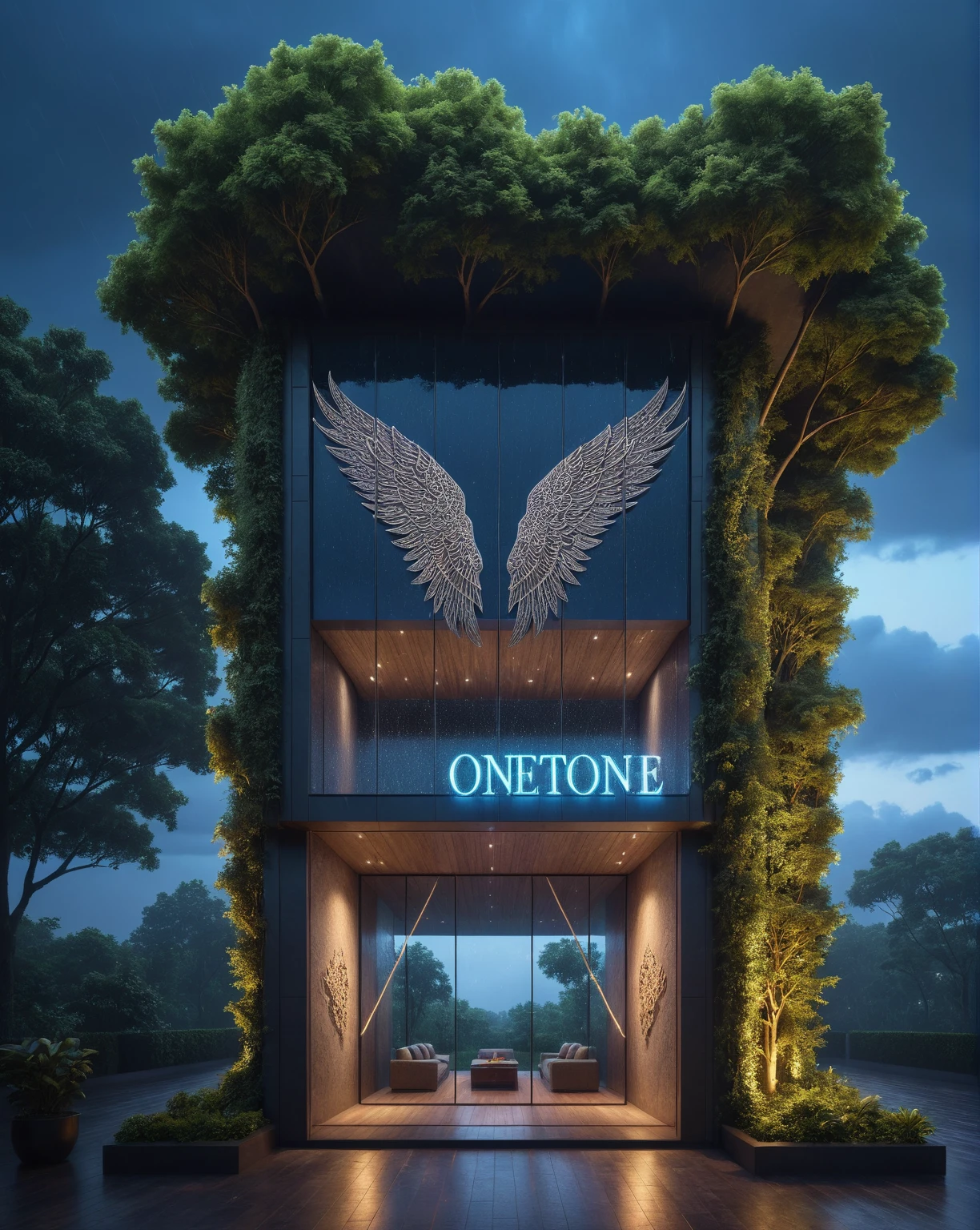 Raw Photo, Masterpiece, High Quality, Best Quality, Realistic, Super Detailed, Exterior, Outdoor, Minimalist Women's Fashion Boutique with Intricate Structures Like illuminated wings. On the facade there is the onetone logo brand. The symmetrical design is decorated with patterns, creating an elegant aesthetic inspired by nature. The central glass structure glows warmly, contrasting with the twilight sky. Unique architecture stands out in a modern urban environment, perfectly blending art and nature, green trees, blue sky, (daylight:1.1), ((actual photo)), Thuong commercial,square,terrace,reflection,(rain:1.3),rain ,humidity,((masterpiece)), (cyberpunk1.3),high las ((best quality:1.4)),(degree Ultra high resolution:1.2),(actual:1.4),(8k:1.2)