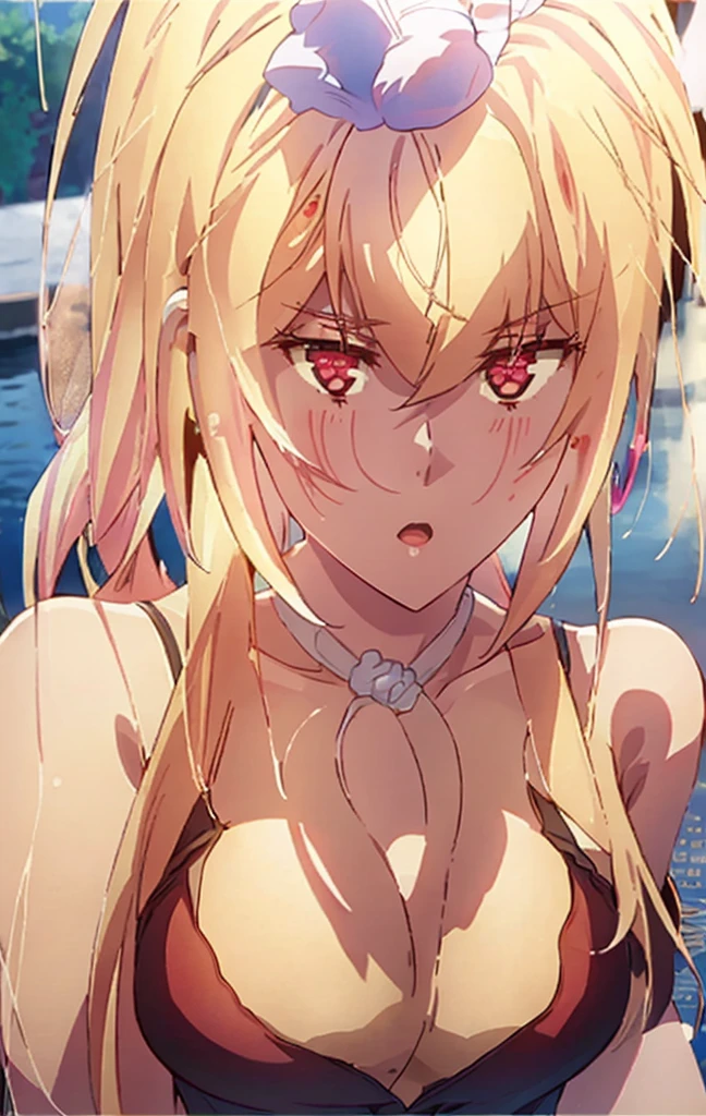 Masterpiece, best quality, highly detailed, highres, 8K, natural lighting, 1 girl, blonde hair, ahoge, ruby eyes, huge breast, tanktop, mini short, she wet, sexy pose, outdoor , detailed eyes, perfect eyes colors, fully body shoot, detailed eyes, detailed finger shape, the number of fingers is not excessive