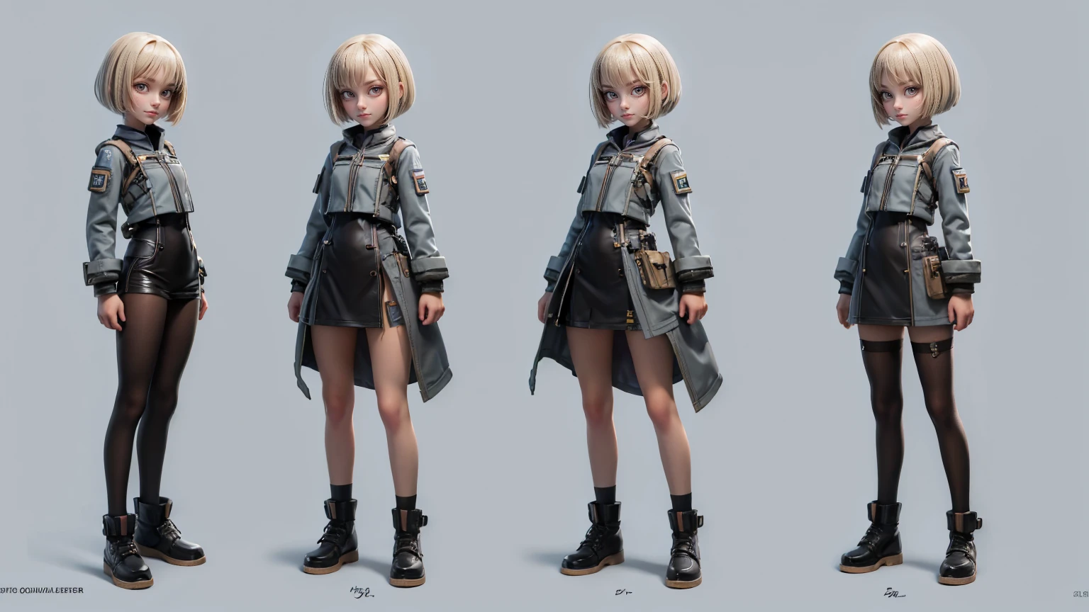girl, wearing a pilot's outfit with a jetpack grey color, blond hairs, short bob cut, gaming full straight standing pose, , , Full body, girl, , Simple plain background, HD, standing, modern , front view, modern dresses, unique,+3 View prompt standing, 3 View Drawings, side and Front and back, Character Sheet, Full body, Simple white background, character reference sheet, Concept art, design sheet, Character Design, full body adoptable horizontal clear