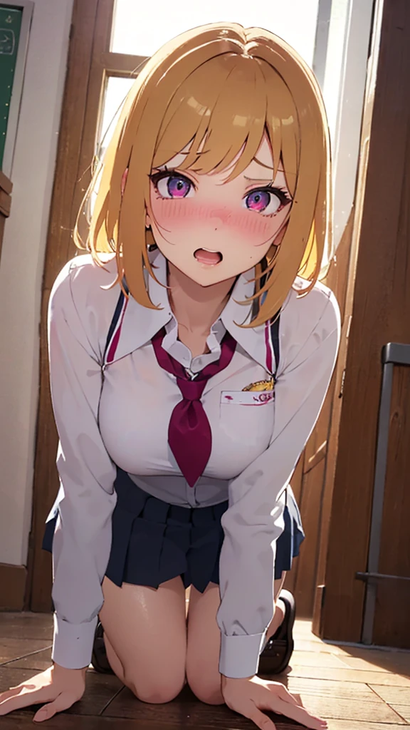 masterpiece, absurdres, best quality, ultra detailed, high Resolution, detailed illustration, bright colour, (extremely beautiful detailed face and eyes, Delicate beautiful face, 1 girl, cute face:1.3), (magenta eyes:1.1), sparkling eyes, big eyes, medium breasts, (perky breasts:1.1), (pointy breasts:1.1), medium hips, glamorous body, white skin, BREAK, long bob cut, (blonde hair:0.8), messy hair, detailed hair, shiny hair, BREAK (undressed, school uniform:1.5), (vagina, rape:1.3), perfect lighting, (embarrassed:1.5), (ecstasy, vulgarity:1.5), (trembling:0.8), From below, full body,