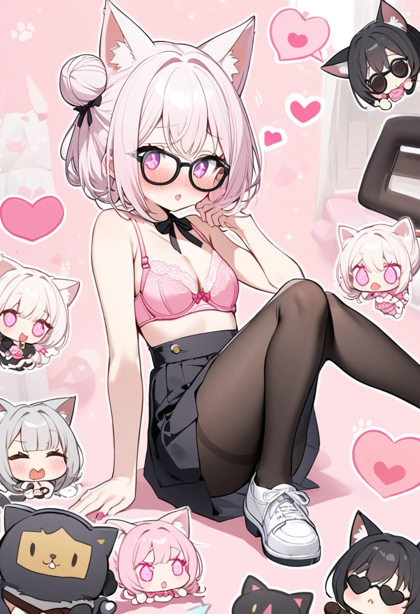 I have white pink hair, cat ears, a bun, my face is super blushing, black glasses, pink heart eyes, a pink bra, a black skirt, black stockings, white shoes, a cat's tail, a very girl shy lying on a bed that is going to be love that they are grabbing her breasts for money