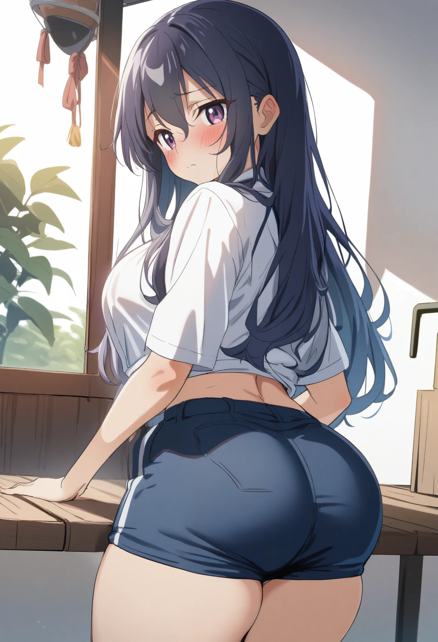 1 girl,sincos, no ma'am, ,standing alone,enori breasts,,manga curta, ssmile, looking ahead at viewer, blush, hands up, skin fang,best qualityer, very aesthetic, absurderes, huge belly,normal body,sexy ass