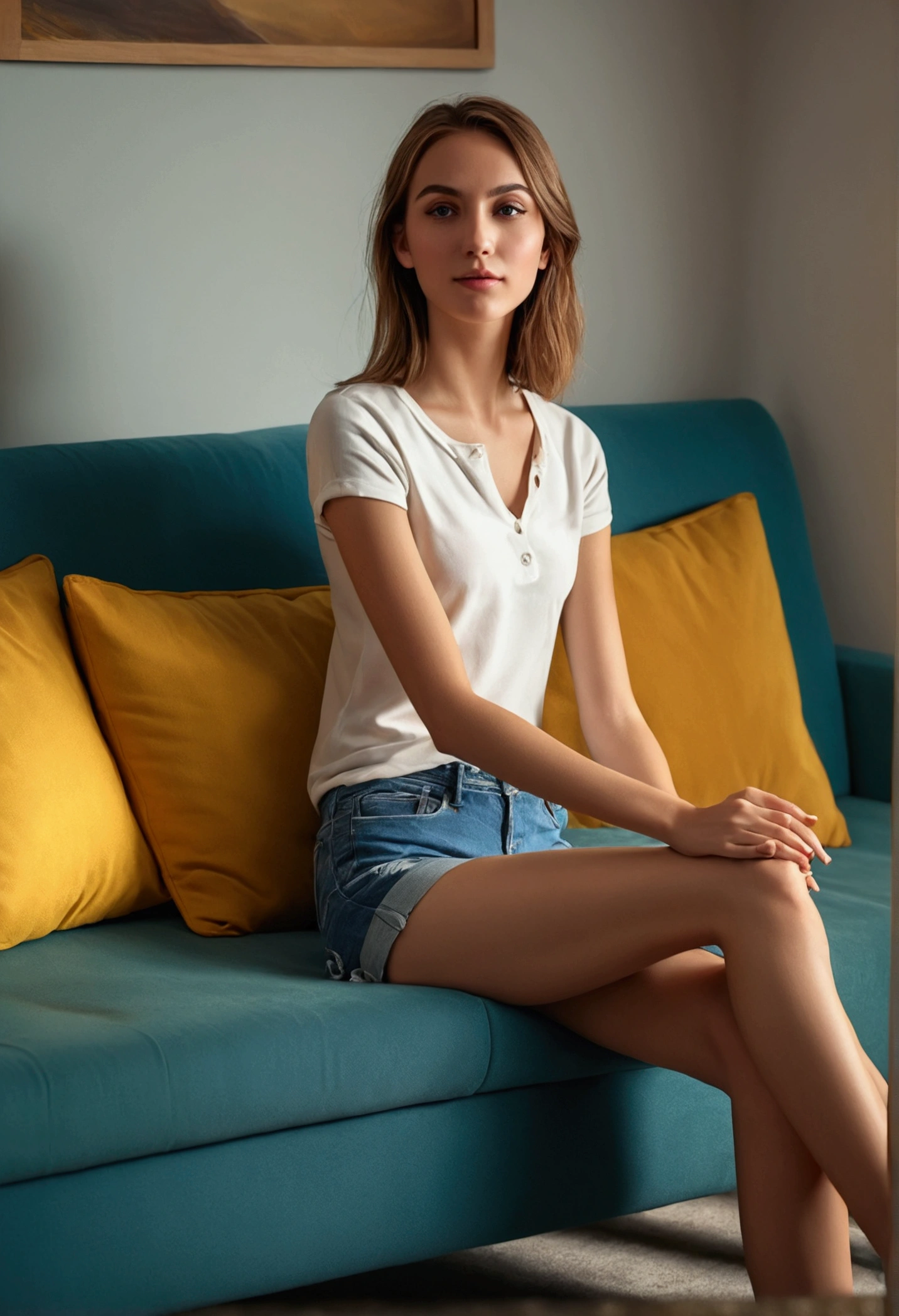a beautiful young woman with long slender legs wearing shorts, sitting on a couch, detailed facial features, photorealistic, masterpiece, ultra-detailed, 8k, highly detailed, realistic lighting, vibrant colors, cinematic compositiona beautiful young woman with long slender legs wearing shorts, sitting on a couch, detailed facial features, photorealistic, masterpiece, ultra-detailed, 8k, highly detailed, realistic lighting, vibrant colors, cinematic composition