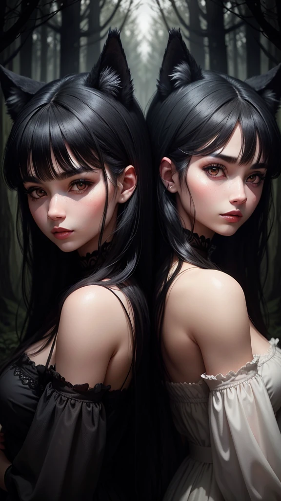 Twins ,black eyes black hair ,wolf look in a dark forest 