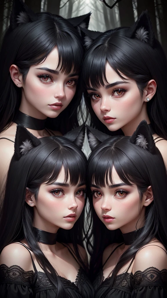 Twins ,black eyes black hair ,wolf look in a dark forest