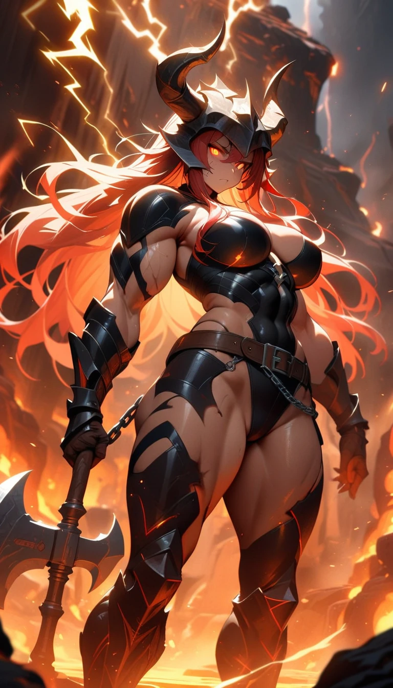 ((best quality)) , ((masterpiece)) , (detailed)，axe, 1girl, female focus, horns, glowing eyes, holding, beard, glowing, solo, weapon, holding axe, facial hair, muscular, fire, holding weapon, chain, looking at viewer, long hair, lightning, muscular female, red hair, horned helmet, armor, helmet, belt, fake horns, molten rock, feet out of frame, standing, battle axe, electricity