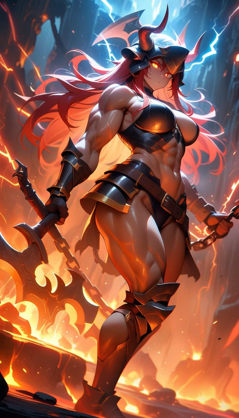 ((best quality)) , ((masterpiece)) , (detailed)，axe, 1girl, female focus, horns, glowing eyes, holding, beard, glowing, solo, weapon, holding axe, facial hair, muscular, fire, holding weapon, chain, looking at viewer, long hair, lightning, muscular female, red hair, horned helmet, armor, helmet, belt, fake horns, molten rock, feet out of frame, standing, battle axe, electricity