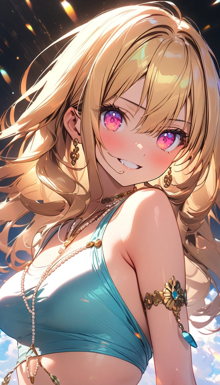 (Best quality, 8k, 32k, Masterpiece, UHD,:1.2),RAW, 1girl ,ultra cute , natural lighting,transparent shining eyes, 20yo,medium breast ,fair complexion ,flushed face,dynamic Lighting, (Pearl Beaded Bralet Top), ((pearl top)),