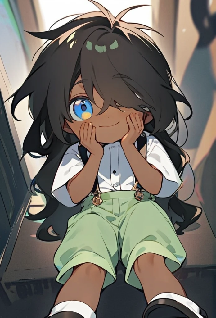 a little boy of 4 years old, he has dark skin and long straight black hair with some strands covering his face a little, long hair, he has blue eyes and a friendly smile, he wears a white blouse with light green shorts with suspenders he wears little black shoes and he has three golden spots under each eye, he is cute and strange, he looks angelic and dark at the same time