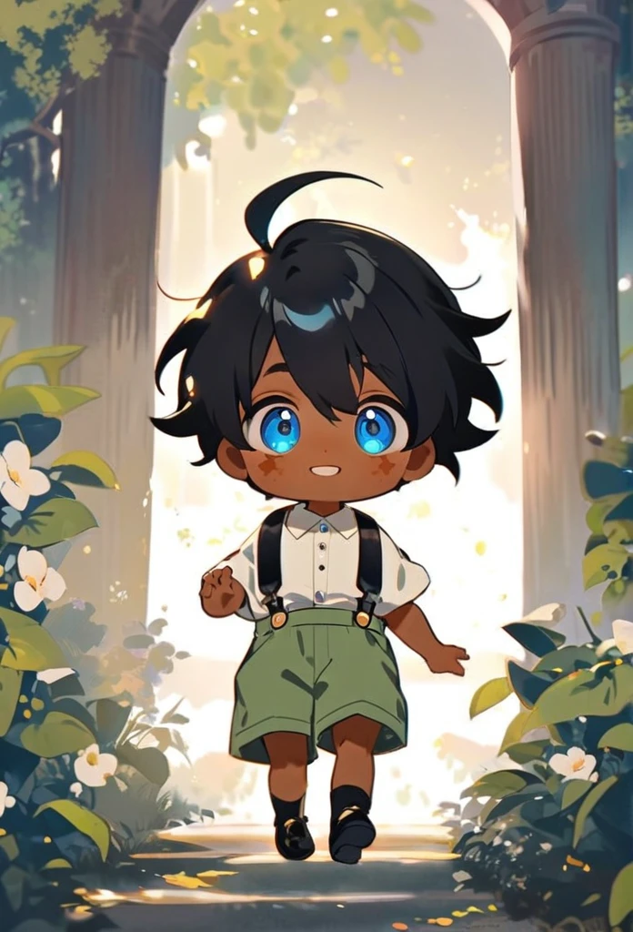 a of 4 years olark skin and long straight black hair with some strands covering his face a little, long hair, he has blue eyes and a friendly smile, he wears a white blouse with light green shorts with suspenders he wears little black shoes and he has three golden spots under each eye, he is cute and strange, he looks angelic and dark at the same time