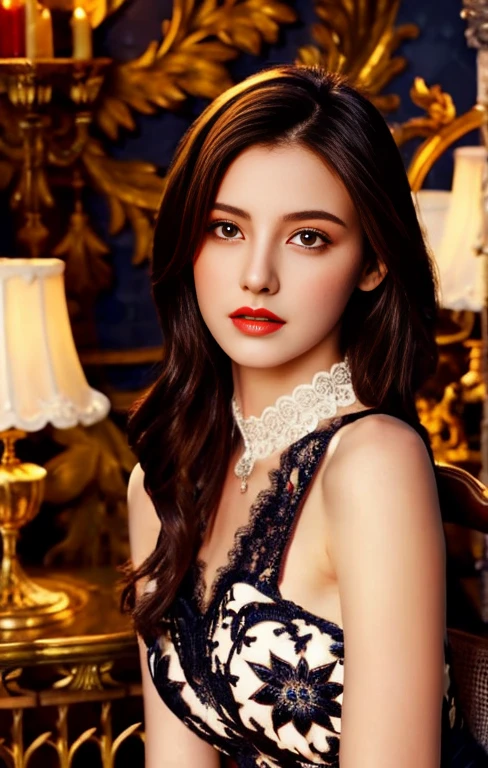 （elegant young female writer, detailed beautiful face with expressive eyes, long flowing dark hair, slender graceful figure, wearing romantic lace or floral dress, serene soft lighting, intricate detail, ornate background, warm tones, dramatic lighting, highly detailed, photorealistic, 8K, studio quality, masterpiece）