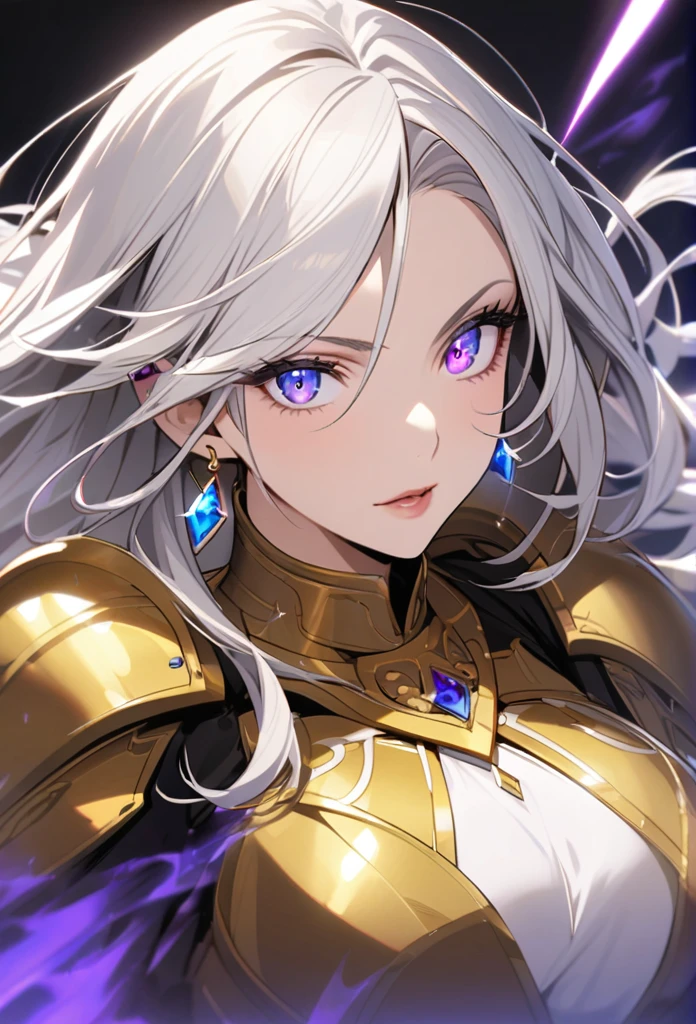 woman, blue eyes, long hair, white hair, mature, god eyes, diamond earings, glowing right eyes, two colors eyes, purple eyes, golden armor