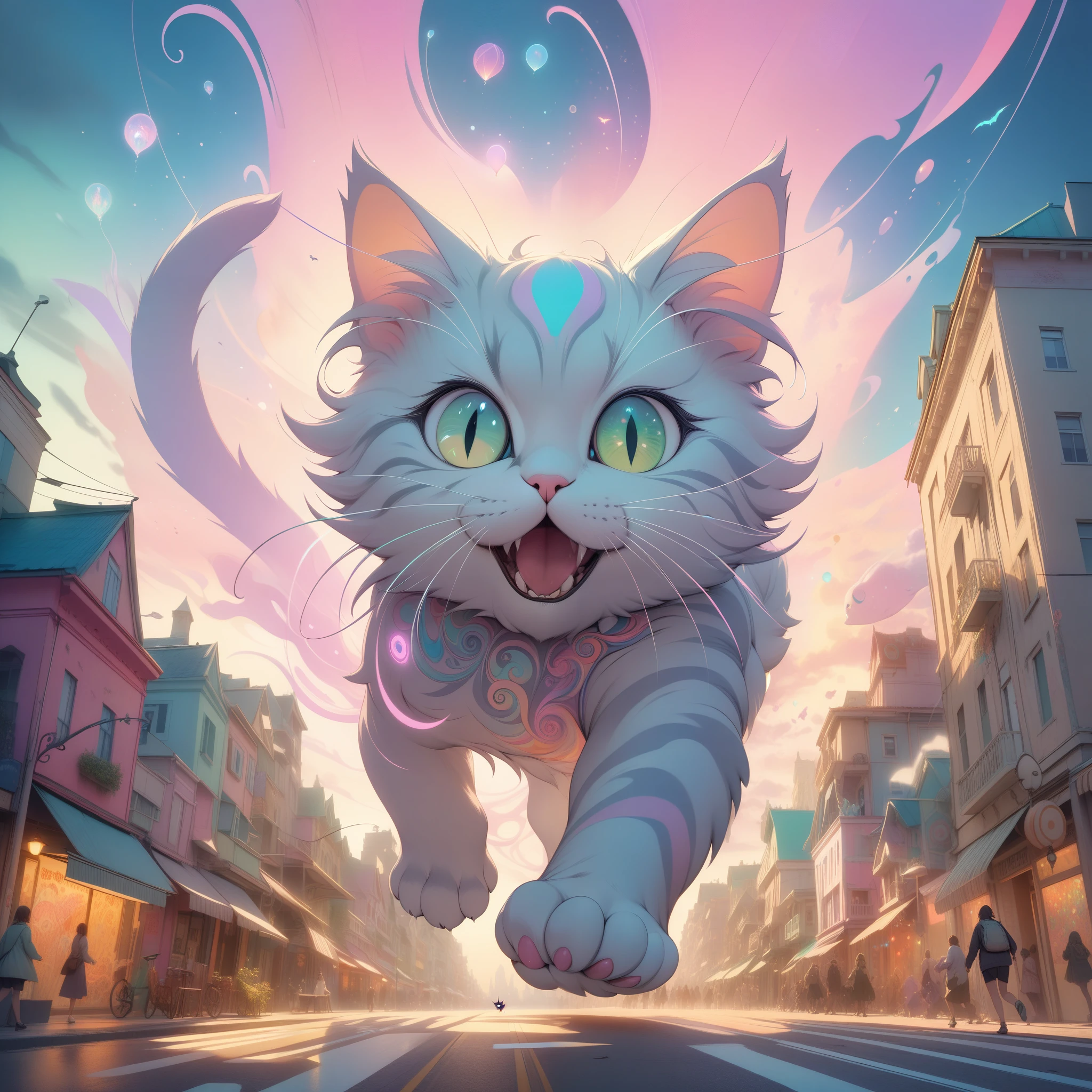  A huge giant kitten taking over the city, pastel colors, masterpiece, best quality, panicked atmosphere, intricate details, whimsical composition, soft lighting, dreamlike, vibrant colors, dynamic movement, playful, magical realism 
