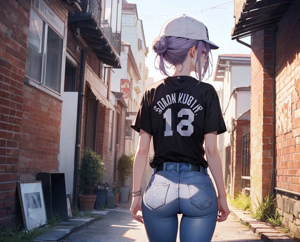 (Close-up:1.3),Realistic,Highest quality, Super detailed, High-quality CG rendering, The most delicate and beautiful, Floating softly, High resolution, (1 girl), (Highest quality,4K,8k,masterpiece:1.2), Light purple hair,(Hair in a bun:1.5),Red eyes,(Pure white oversized short sleeve T-shirt:1.3),(Black skinny jeans:1.3),(Pure white baseball cap:1.3),In the city,old buildings,Narrow back alley,(Turn your back to your audience:1.3),Butt