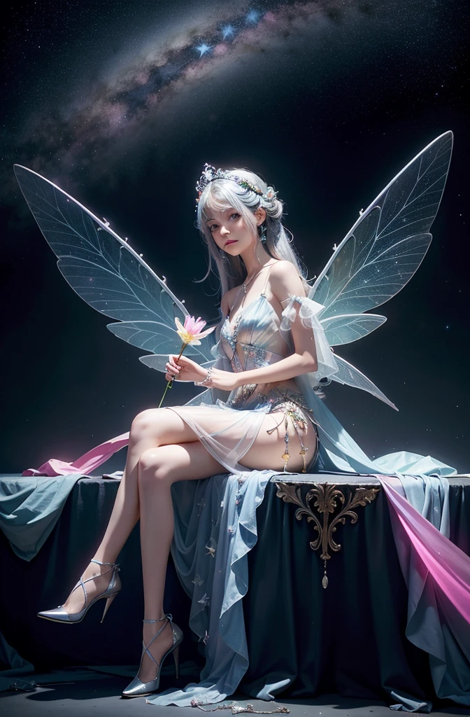 Color photo of a mysterious flower fairy with transparent colorful wings, sit in the light of god, With neon lights, Have a magic wand,Axisymmetric, And a great background.Silver Dress, High heels, Flower Crown, Starry sky background, A gentle yet mysterious expression, Nikon Z7 II Camera, Fujifilm Velvia 50 Film, 50mm lens, High saturation, Tim Walker, David LaChapelle, Sofia Coppola, Valentino, Alexander McQueen