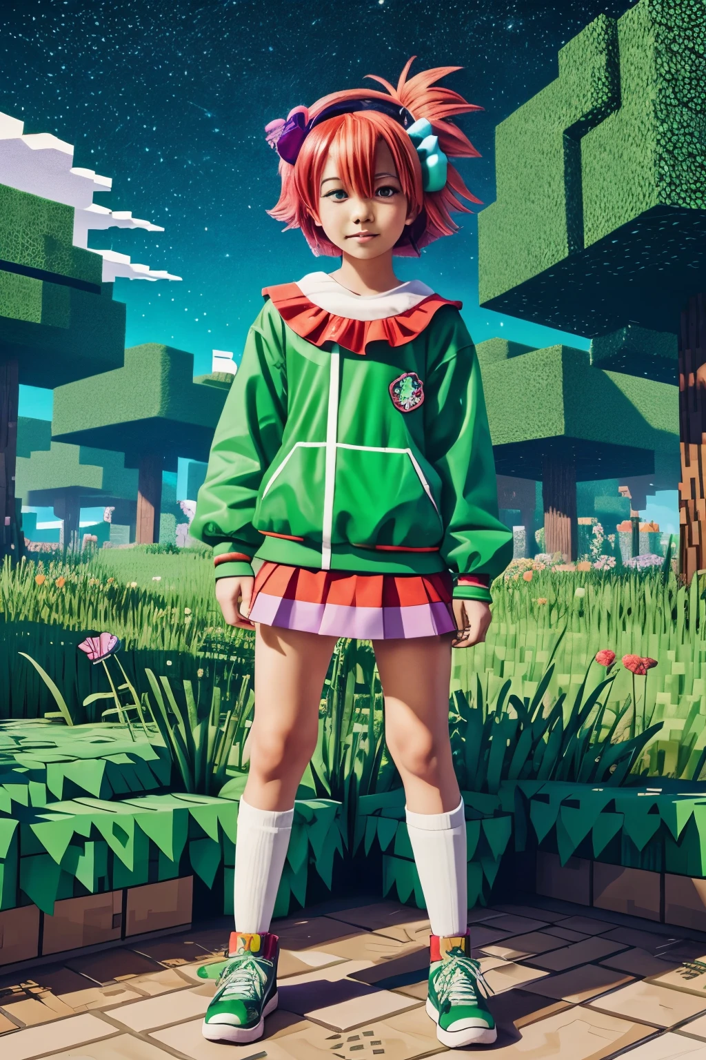 Cartoon anime character wearing green hodi and clown with Minecraft world background