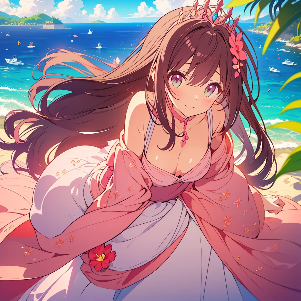 kawaii, anime, Cute, hyper quality, highly detailed, 8k, Clarity, dark brown long hair, pink bougainvillea, green eyes, droopy pink bougainvillea flower garden, bougainvillea, Ocean View, beach, pink wedding dress, light shines in, pink bougainvillea flowers, pink bougainvillea bouquet, dignity, platinum tiara, pink wedding dress, highlight on eyes, Looking back, Pose with movement, whole body, Uplifting, Inciting point of view, special perspective, dignified expression, smile dignifiedly, close up of face, Draw facial expressions in detail, the dress is fluttering, dignified stance, petals dance, 	