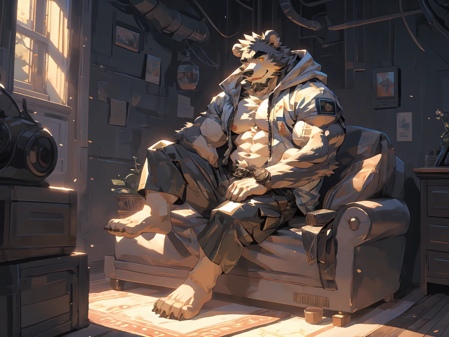 (masterpiece:1.2), best quality,pixiv,official art,perfect anatomy, (Ray tracing, light),solo, (1_male:1.3) , (muscle), (grey fur:1.4), (muscle bear), (beard:1.2), (gleaming golden eyes), bear tail, Thick black eyebrows, (open hooded parka) , (naked inside:1.2), cargo shorts, barefoot , french window, indoor , fur carpet , cushion , rest on sofa