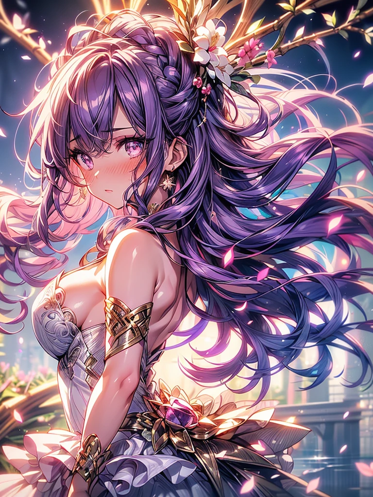 mature woman, 1girl, (masterpiece, best quality, extremely detailed), sharp focus, detailed face, face focus, extremely detailed eyes, long hair, crown braid, hair over the shoulders, (purple hair: 1.3), purple eyes, (sparkling eyes: 1.2), long eyelashes, (strong blush, drunk: 1.2), delicate makeup, big breasts, ((pink and white complicated dress, bare shoulders, décolleté)), ((dusk, holding diamond shard, discovery, bamboo shoots background, grass, green particles around, calm lake, cherry blossom background, breeze)), cinematic lighting, edge lightning, ray tracing, shading, dynamic angle, full-length image, walks,