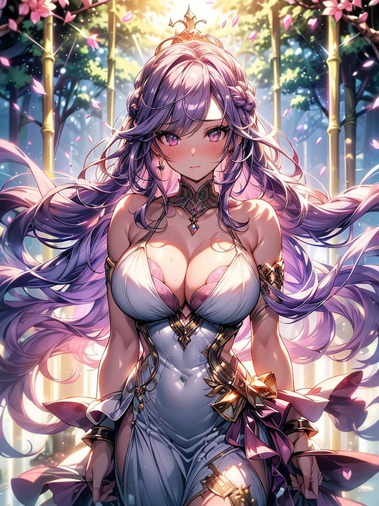 mature woman, 1girl, (masterpiece, best quality, extremely detailed), sharp focus, detailed face, face focus, extremely detailed eyes, long hair, crown braid, hair over the shoulders, (purple hair: 1.3), purple eyes, (sparkling eyes: 1.2), long eyelashes, (strong blush, drunk: 1.2), delicate makeup, big breasts, ((pink and white complicated dress, bare shoulders, décolleté)), ((dusk, holding diamond shard, discovery, bamboo shoots background, grass, green particles around, calm lake, cherry blossom background, breeze)), cinematic lighting, edge lightning, ray tracing, shading, dynamic angle, full-length image, walks,