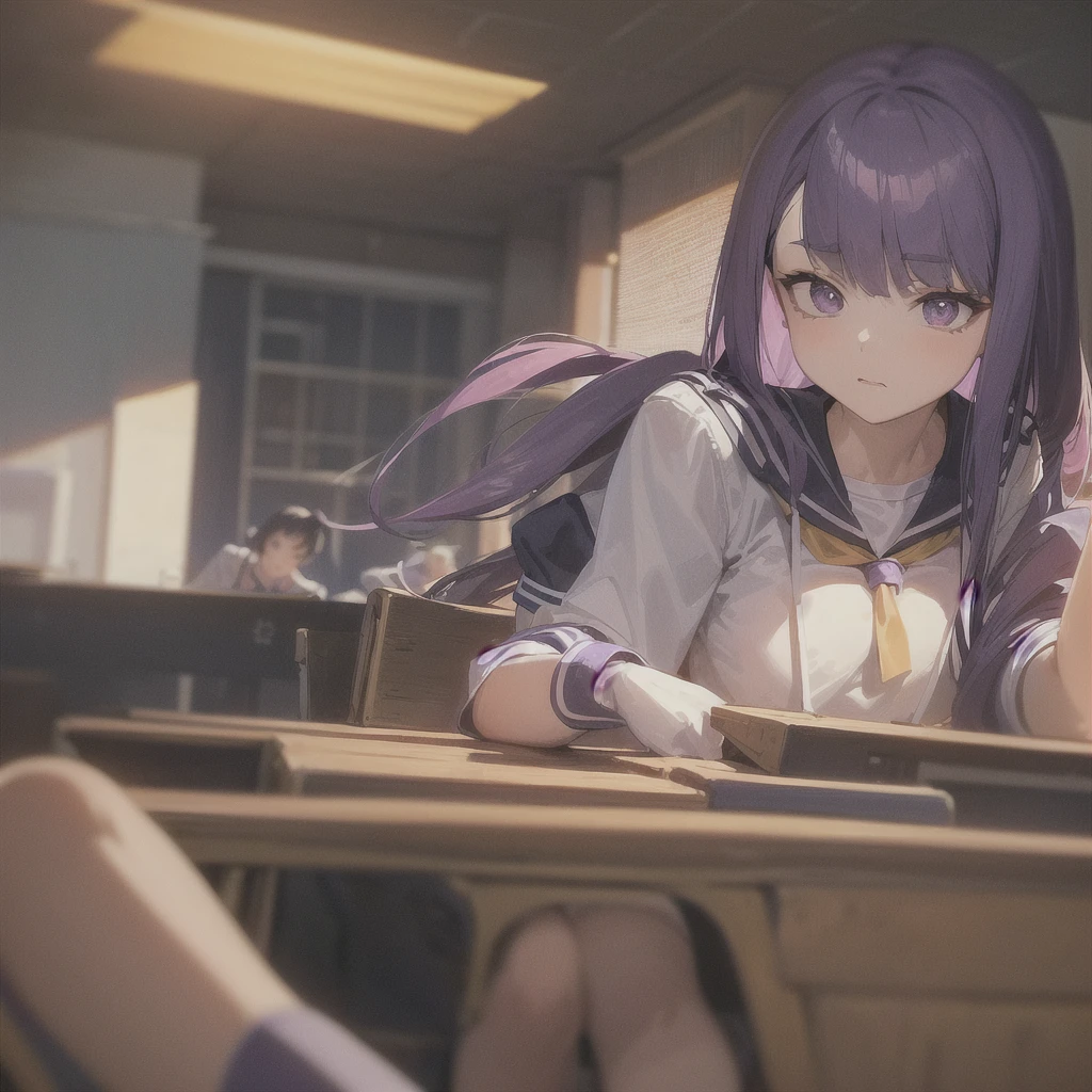 An eighteen-year-old young woman with long purple hair in a sailor suit sits in a classroom (school 1.5 in the background) (expression serious, cold 1.5) (best quality: 1.1) (masterpiece: 1.3) with an unparalleled masterpiece, surreal 8K, perfect artwork, super detail, best quality, masterpiece 4K wallpaper aesthetics, masterpiece, award-winning artwork, official art, cinematic lighting