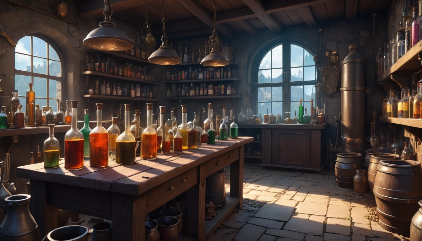 (anime, Fantasy, village), (Detailed CG Unity 8K wallpapers, masterpiece, Highest quality, Very detailed, High resolution:1.2), Vibrant colors, Complex, High FXAA, Medieval laboratory, Alchemy Research Institute, Messy, Thrown in the trash, obstinacy, potion brewing, pipe, bottle, to smoke